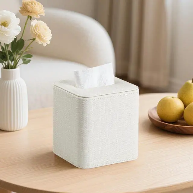 Alt view image 6 of 7 - Square Tissue Box Cover with Magnetic Closure, Modern PU Leather Tissue Box Holder for Bathroom Vanity Countertop Night Stands Bedroom Office Desk, Stylish Cube Tissue Holder (Cream)