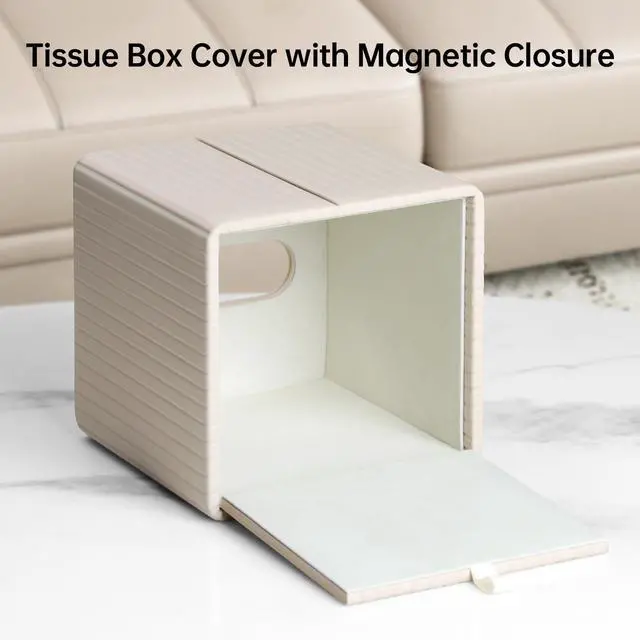 Alt view image 3 of 7 - PU Leather Tissue Box Cover Square Tissue Box Holder with Magnetic Closure (Beige)