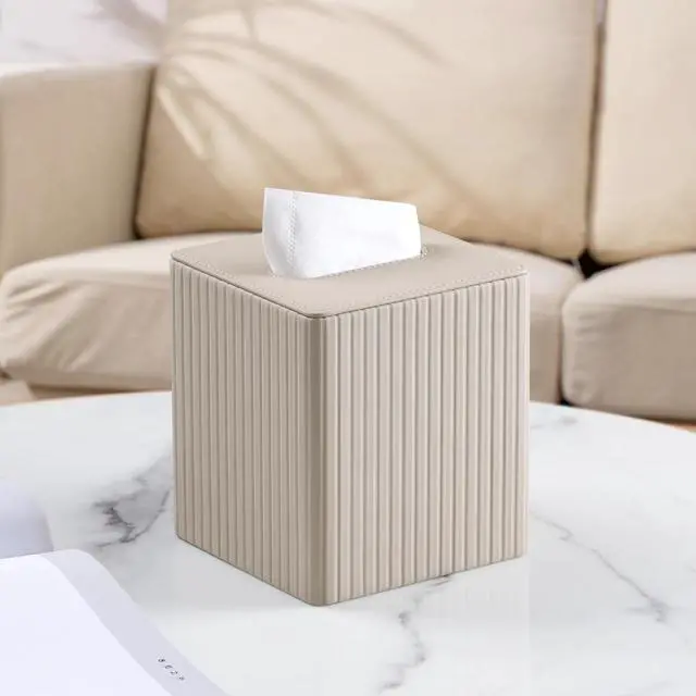 Alt view image 2 of 7 - PU Leather Tissue Box Cover Square Tissue Box Holder with Magnetic Closure (Beige)