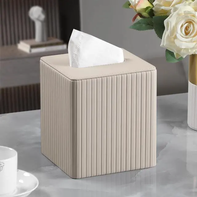 Alt view image 5 of 7 - PU Leather Tissue Box Cover Square Tissue Box Holder with Magnetic Closure (Beige)