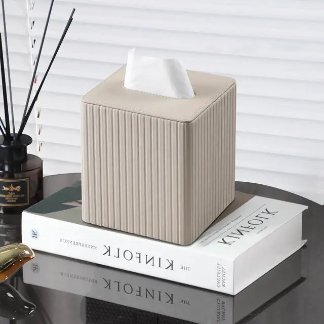 Alt view image 6 of 7 - PU Leather Tissue Box Cover Square Tissue Box Holder with Magnetic Closure (Beige)