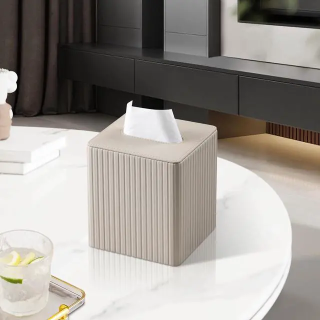 Alt view image 7 of 7 - PU Leather Tissue Box Cover Square Tissue Box Holder with Magnetic Closure (Beige)