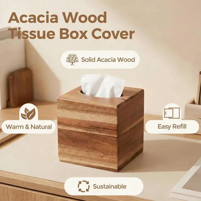 Alt view image 3 of 7 - Acacia Wood Tissue Box Cover, Square Tissue Box Holder with Slide-Out Bottom, Wooden Cube Tissue Covers Tissue Holders for Bathrooms Office Kitchen