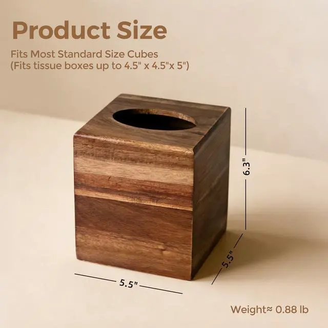 Alt view image 4 of 7 - Acacia Wood Tissue Box Cover, Square Tissue Box Holder with Slide-Out Bottom, Wooden Cube Tissue Covers Tissue Holders for Bathrooms Office Kitchen