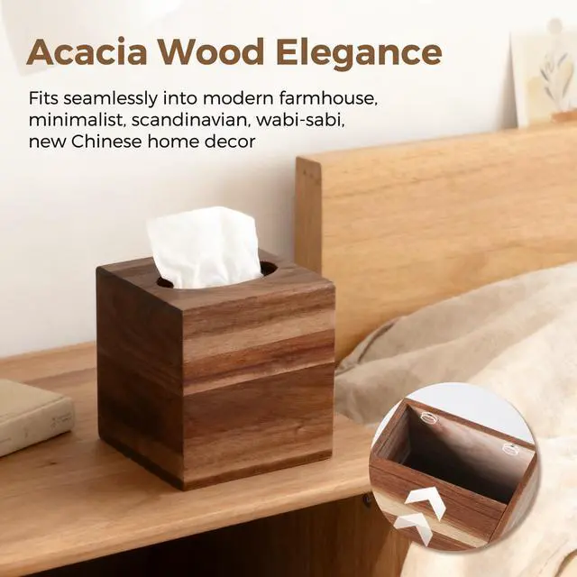 Alt view image 5 of 7 - Acacia Wood Tissue Box Cover, Square Tissue Box Holder with Slide-Out Bottom, Wooden Cube Tissue Covers Tissue Holders for Bathrooms Office Kitchen