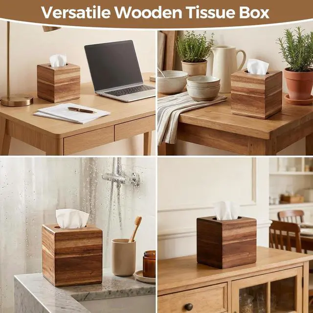 Alt view image 7 of 7 - Acacia Wood Tissue Box Cover, Square Tissue Box Holder with Slide-Out Bottom, Wooden Cube Tissue Covers Tissue Holders for Bathrooms Office Kitchen