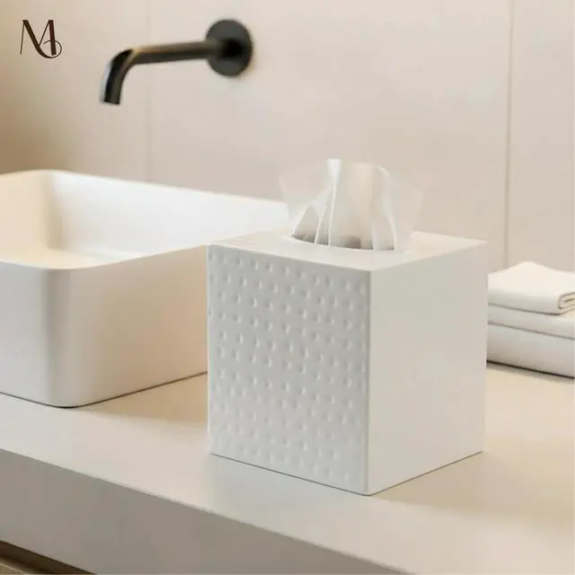 Alt view image 3 of 6 - Tissue Box Cover Square Hand Hammered White Metal Tissue Holder Box for Bathroom Accessory, Aesthetic Decorative Facial Napkin Cube for Modern Home Decor