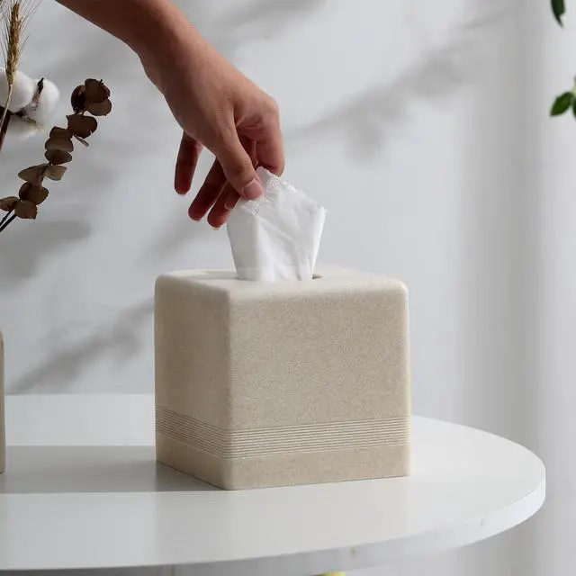 Alt view image 2 of 7 - Tissue Box Cover Square, Resin Facial Tissue Holder Covers Cube Toilet Paper Holder Case Dispenser Home Decorative for Bathroom Kitchen Bedroom Living Room Office (Beige)