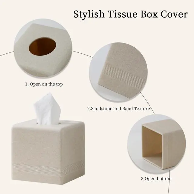 Alt view image 4 of 7 - Tissue Box Cover Square, Resin Facial Tissue Holder Covers Cube Toilet Paper Holder Case Dispenser Home Decorative for Bathroom Kitchen Bedroom Living Room Office (Beige)