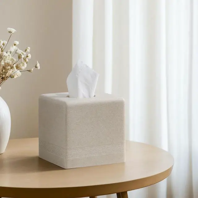 Alt view image 6 of 7 - Tissue Box Cover Square, Resin Facial Tissue Holder Covers Cube Toilet Paper Holder Case Dispenser Home Decorative for Bathroom Kitchen Bedroom Living Room Office (Beige)