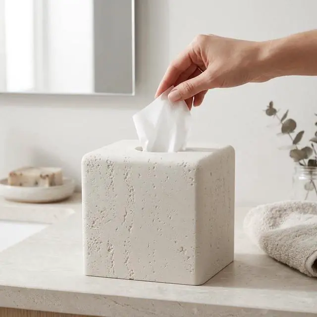 Alt view image 2 of 7 - Tissue Box Cover Square, Resin Facial Tissue Holder Covers Toilet Paper Holder Decorative Travertine Paper Dispenser Home Decor for Bathroom Bedroom Living Room Office (Off White)