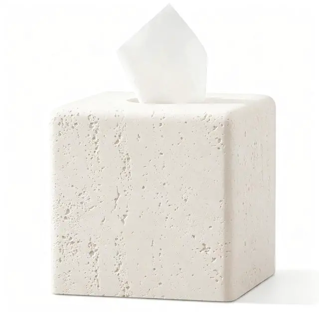 Main image of Tissue Box Cover Square, Resin Facial Tissue Holder Covers Toilet Paper Holder Decorative Travertine Paper Dispenser Home Decor for Bathroom Bedroom Living Room Office (Off White)