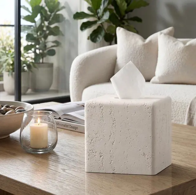 Alt view image 3 of 7 - Tissue Box Cover Square, Resin Facial Tissue Holder Covers Toilet Paper Holder Decorative Travertine Paper Dispenser Home Decor for Bathroom Bedroom Living Room Office (Off White)