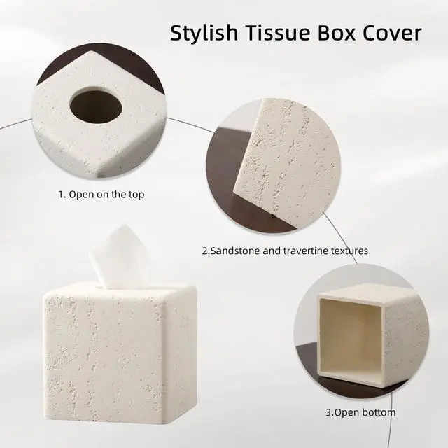 Alt view image 5 of 7 - Tissue Box Cover Square, Resin Facial Tissue Holder Covers Toilet Paper Holder Decorative Travertine Paper Dispenser Home Decor for Bathroom Bedroom Living Room Office (Off White)