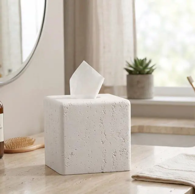 Alt view image 6 of 7 - Tissue Box Cover Square, Resin Facial Tissue Holder Covers Toilet Paper Holder Decorative Travertine Paper Dispenser Home Decor for Bathroom Bedroom Living Room Office (Off White)