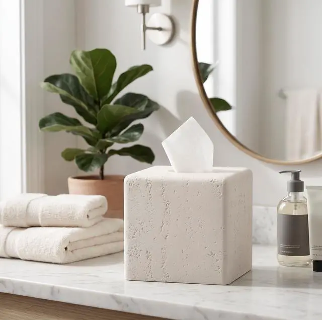 Alt view image 7 of 7 - Tissue Box Cover Square, Resin Facial Tissue Holder Covers Toilet Paper Holder Decorative Travertine Paper Dispenser Home Decor for Bathroom Bedroom Living Room Office (Off White)