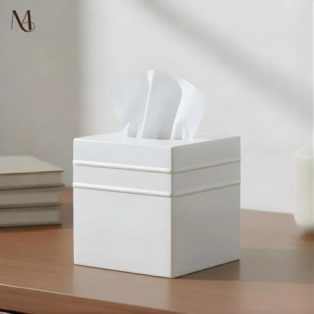 Alt view image 2 of 6 - Tissue Box Cover Square Handcrafted Border Embossed White Metal Tissue Holder Box for Bathroom Accessory, Aesthetic Decorative Facial Napkin Cube for Modern Home Decor