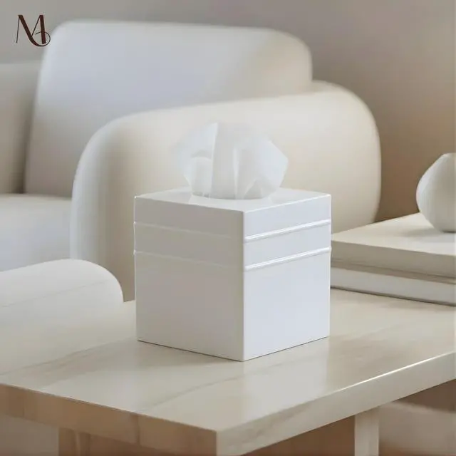 Alt view image 4 of 6 - Tissue Box Cover Square Handcrafted Border Embossed White Metal Tissue Holder Box for Bathroom Accessory, Aesthetic Decorative Facial Napkin Cube for Modern Home Decor