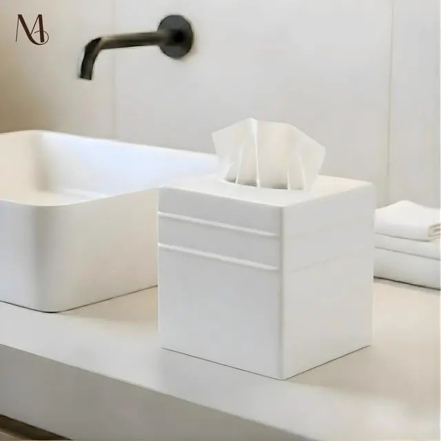 Alt view image 3 of 6 - Tissue Box Cover Square Handcrafted Border Embossed White Metal Tissue Holder Box for Bathroom Accessory, Aesthetic Decorative Facial Napkin Cube for Modern Home Decor