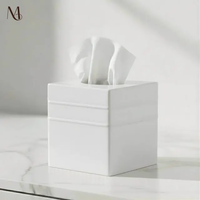 Alt view image 5 of 6 - Tissue Box Cover Square Handcrafted Border Embossed White Metal Tissue Holder Box for Bathroom Accessory, Aesthetic Decorative Facial Napkin Cube for Modern Home Decor