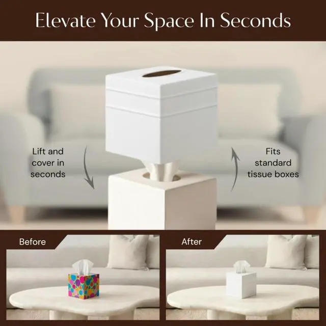 Alt view image 6 of 6 - Tissue Box Cover Square Handcrafted Border Embossed White Metal Tissue Holder Box for Bathroom Accessory, Aesthetic Decorative Facial Napkin Cube for Modern Home Decor