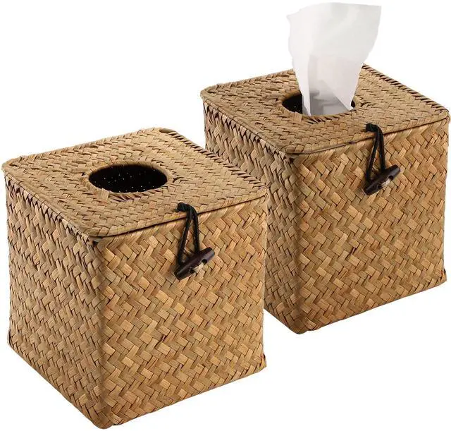 Main image of 2 Pack Square Seagrass Facial Tissue Box - Decorative Woven Paper Holder Napkin Dispense - 5 x 5 x 5 Inches Rattan Tissue Box Cover
