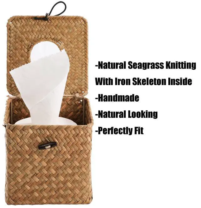Alt view image 2 of 6 - 2 Pack Square Seagrass Facial Tissue Box - Decorative Woven Paper Holder Napkin Dispense - 5 x 5 x 5 Inches Rattan Tissue Box Cover
