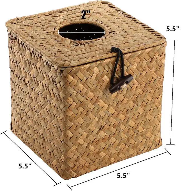 Alt view image 3 of 6 - 2 Pack Square Seagrass Facial Tissue Box - Decorative Woven Paper Holder Napkin Dispense - 5 x 5 x 5 Inches Rattan Tissue Box Cover