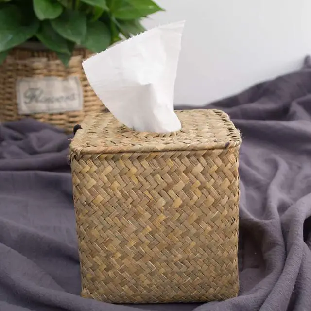 Alt view image 6 of 6 - 2 Pack Square Seagrass Facial Tissue Box - Decorative Woven Paper Holder Napkin Dispense - 5 x 5 x 5 Inches Rattan Tissue Box Cover