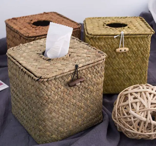 Alt view image 5 of 6 - 2 Pack Square Seagrass Facial Tissue Box - Decorative Woven Paper Holder Napkin Dispense - 5 x 5 x 5 Inches Rattan Tissue Box Cover