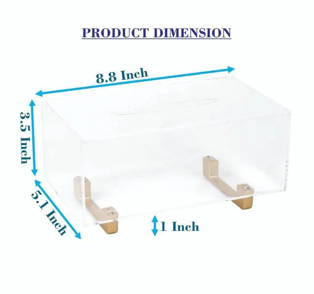 Alt view image 2 of 7 - Thick Acrylic Tissue Box Holder Rectangular Clear Tissue Box Dispenser with Gold Plated Aluminum Legs for Bathroom, Kitchen, Bedroom, Office, Hotels and Restaurant
