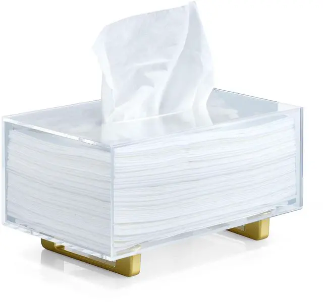 Main image of Thick Acrylic Tissue Box Holder Rectangular Clear Tissue Box Dispenser with Gold Plated Aluminum Legs for Bathroom, Kitchen, Bedroom, Office, Hotels and Restaurant