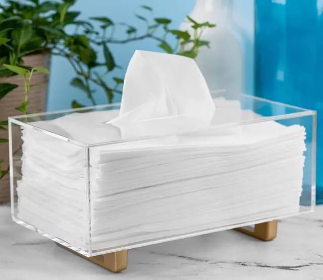 Alt view image 4 of 7 - Thick Acrylic Tissue Box Holder Rectangular Clear Tissue Box Dispenser with Gold Plated Aluminum Legs for Bathroom, Kitchen, Bedroom, Office, Hotels and Restaurant