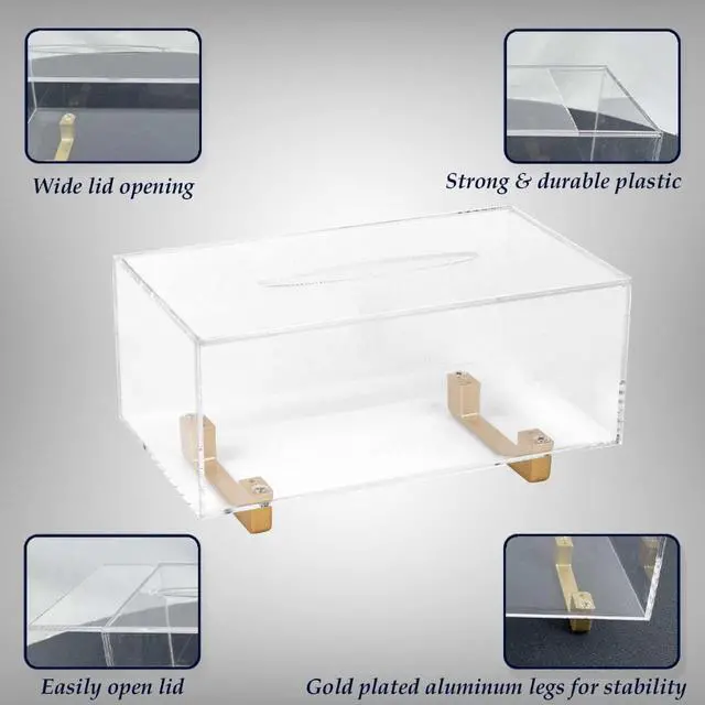 Alt view image 5 of 7 - Thick Acrylic Tissue Box Holder Rectangular Clear Tissue Box Dispenser with Gold Plated Aluminum Legs for Bathroom, Kitchen, Bedroom, Office, Hotels and Restaurant