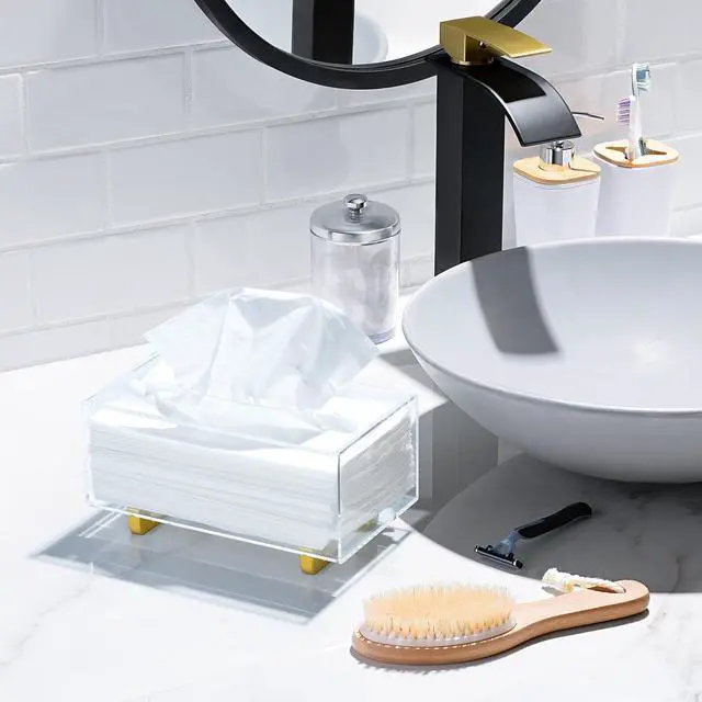 Alt view image 3 of 7 - Thick Acrylic Tissue Box Holder Rectangular Clear Tissue Box Dispenser with Gold Plated Aluminum Legs for Bathroom, Kitchen, Bedroom, Office, Hotels and Restaurant