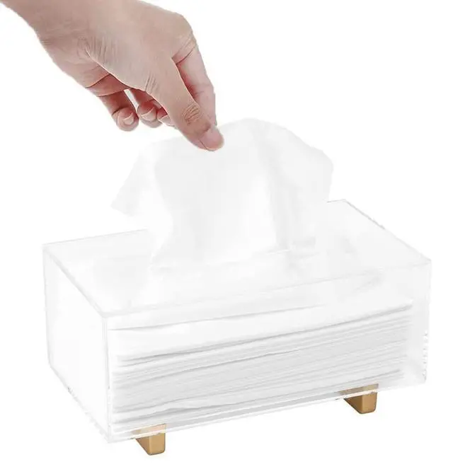 Alt view image 6 of 7 - Thick Acrylic Tissue Box Holder Rectangular Clear Tissue Box Dispenser with Gold Plated Aluminum Legs for Bathroom, Kitchen, Bedroom, Office, Hotels and Restaurant