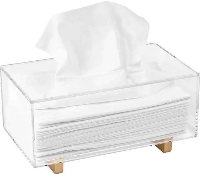 Alt view image 7 of 7 - Thick Acrylic Tissue Box Holder Rectangular Clear Tissue Box Dispenser with Gold Plated Aluminum Legs for Bathroom, Kitchen, Bedroom, Office, Hotels and Restaurant