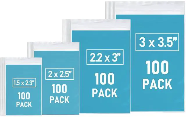 Main image of 400PCS Small Plastic Bags, 4 Assorted Sizes, Small Baggies, Clear Jewelry Bags Resealable, Reclosable Poly Bag for Pill, Beads, Storage