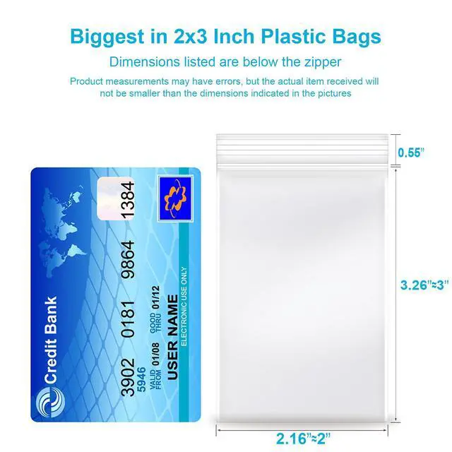 Alt view image 2 of 7 - 2''x 3'', (Pack of 100) Thick Clear Plastic Reclosable Zip Poly Bags with Resealable Lock Seal Zipper for Photo, Jewelry, Bakery, Treats, Travel, Storage, Packaging & Shipping