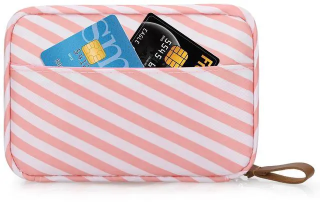 Main image of Mini Striped Pouch for Purse Stripe Makeup Bag with Zipper Cute Nylon Cosmetic Bag for Travel Essentials Organizer Pouches Womens Small Toiletry Bags Storage Pouch for Skincare Items, Pink