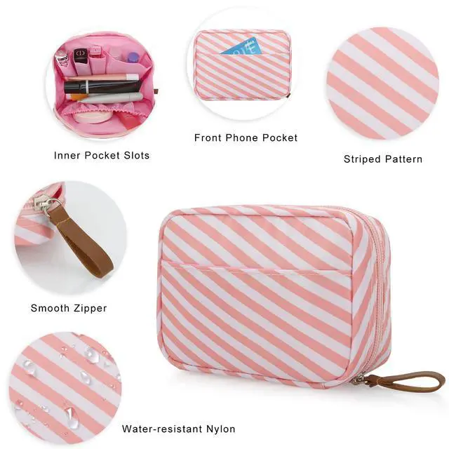 Alt view image 5 of 7 - Mini Striped Pouch for Purse Stripe Makeup Bag with Zipper Cute Nylon Cosmetic Bag for Travel Essentials Organizer Pouches Womens Small Toiletry Bags Storage Pouch for Skincare Items, Pink