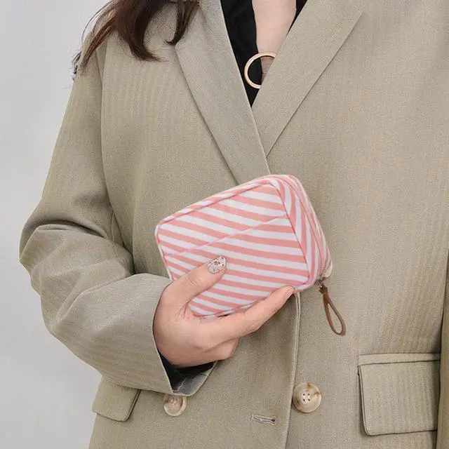 Alt view image 6 of 7 - Mini Striped Pouch for Purse Stripe Makeup Bag with Zipper Cute Nylon Cosmetic Bag for Travel Essentials Organizer Pouches Womens Small Toiletry Bags Storage Pouch for Skincare Items, Pink