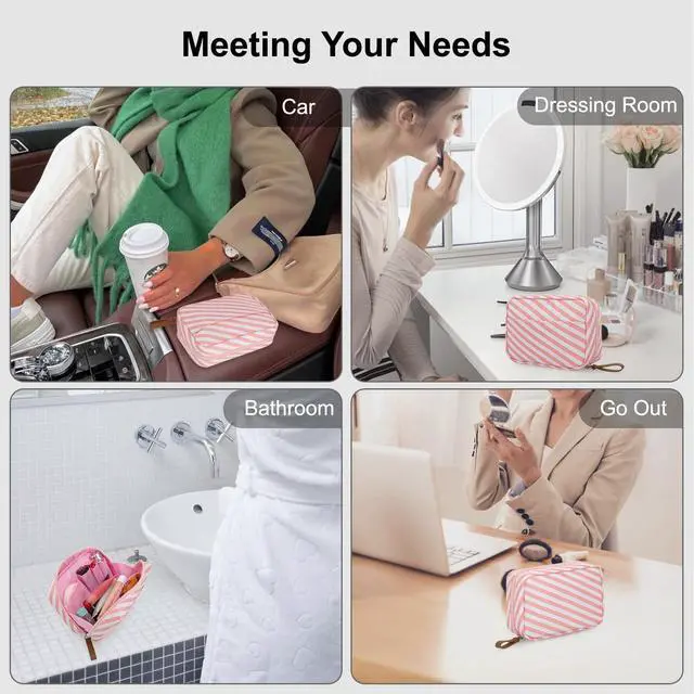 Alt view image 7 of 7 - Mini Striped Pouch for Purse Stripe Makeup Bag with Zipper Cute Nylon Cosmetic Bag for Travel Essentials Organizer Pouches Womens Small Toiletry Bags Storage Pouch for Skincare Items, Pink