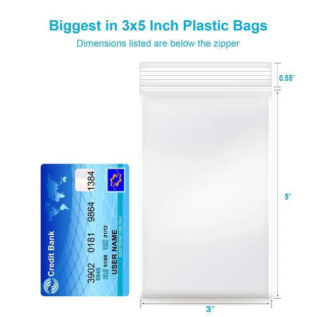 Alt view image 2 of 7 - 3''x 5'', (Pack of 100) 2 mil Thick Clear Plastic Reclosable Zip Poly Bags with Resealable Lock Seal Zipper for Photo, Jewelry, Bakery, Treats, Travel, Storage, Packaging & Shipping