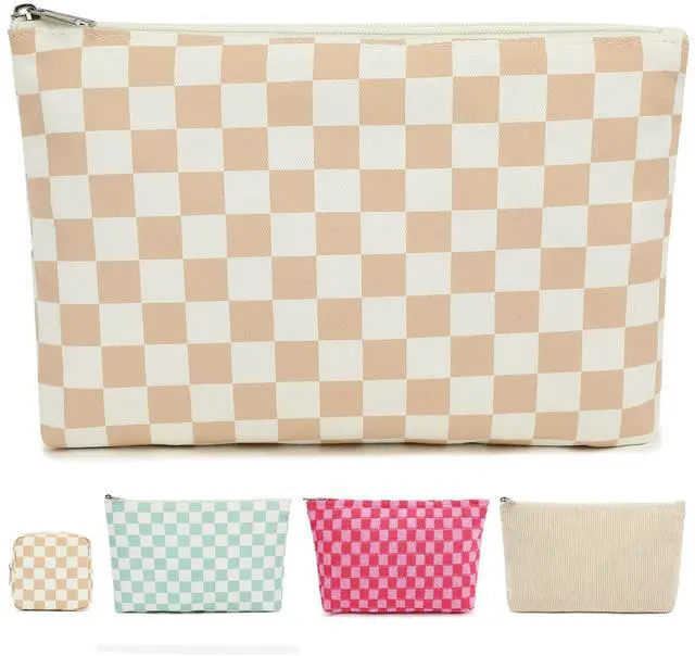 Main image of Checkered Makeup Bag, Travel Cosmetic Bag Organizer Toiletry Bag Make Up Bags with Zipper & Compartments for Women Girls
