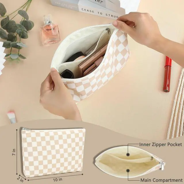 Alt view image 3 of 6 - Checkered Makeup Bag, Travel Cosmetic Bag Organizer Toiletry Bag Make Up Bags with Zipper & Compartments for Women Girls