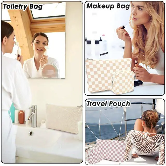 Alt view image 6 of 6 - Checkered Makeup Bag, Travel Cosmetic Bag Organizer Toiletry Bag Make Up Bags with Zipper & Compartments for Women Girls