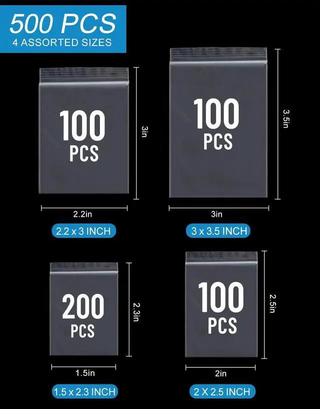 Alt view image 2 of 7 - 500 PCS Small Plastic Bags, Mini Resealable Bags, 4 Different Sizes Small Jewelry Clear Storage Poly Bag for Packaging, Candy, Pill