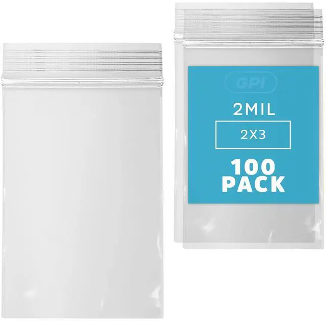 Main image of 2" x 3" Small Zip Bags, 100 Pack, Clear Plastic Reclosable Poly Baggies, 2 mil with Resealable Zip Top Lock for Storage & Packaging Jewelry, Pills, Meds, Candy, Beads & Seeds. GPI