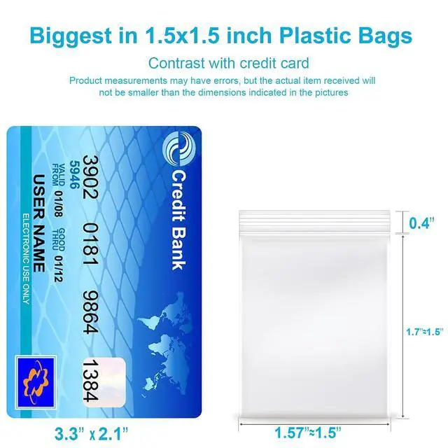 Alt view image 2 of 7 - 1.5''x 1.5'', (Pack of 100) 2 mil Thick Clear Plastic Reclosable Zip Poly Bags with Resealable Lock Seal Zipper for Photo, Jewelry, Bakery, Treats, Travel, Storage, Packaging & Shipping
